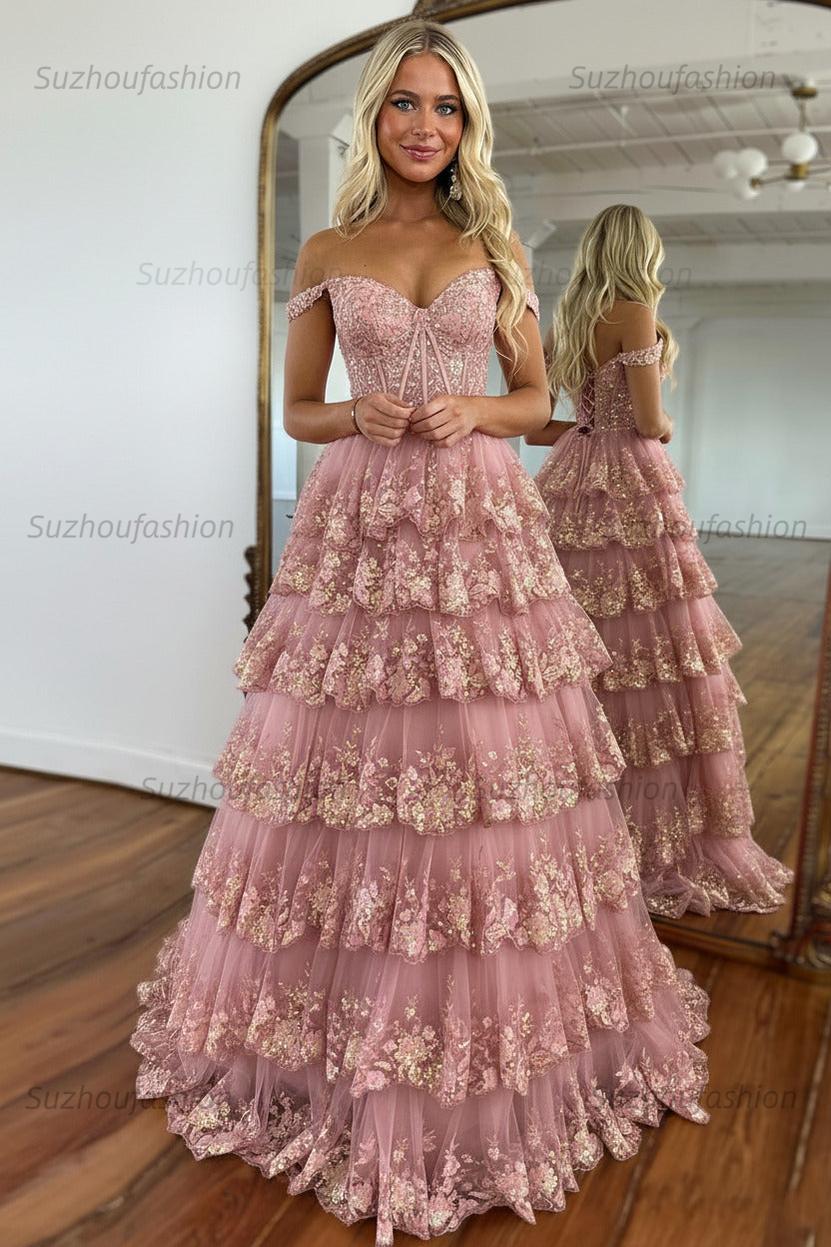 Glitter Hot Pink Corset Off the Shoulder Lace Long Prom Dress