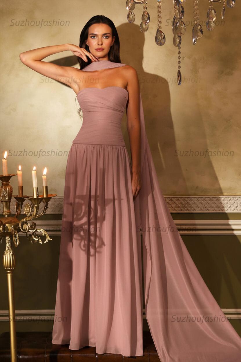Chiffon Strapless Sleeveless Long Evening Formal Dress With Ruffled Pleated