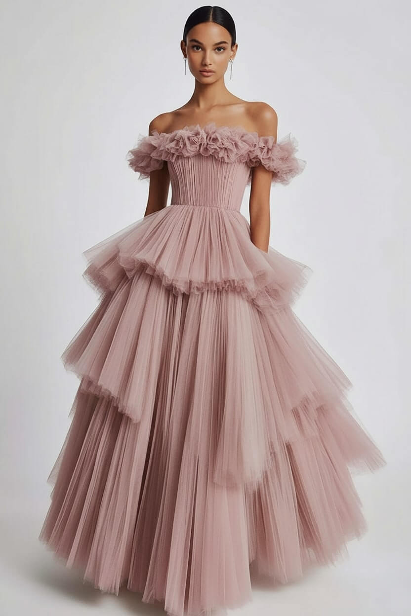 Dusty Sage Prom Dress Tulle Off The Shoulder Ball Gown Formal Dress With Ruffles