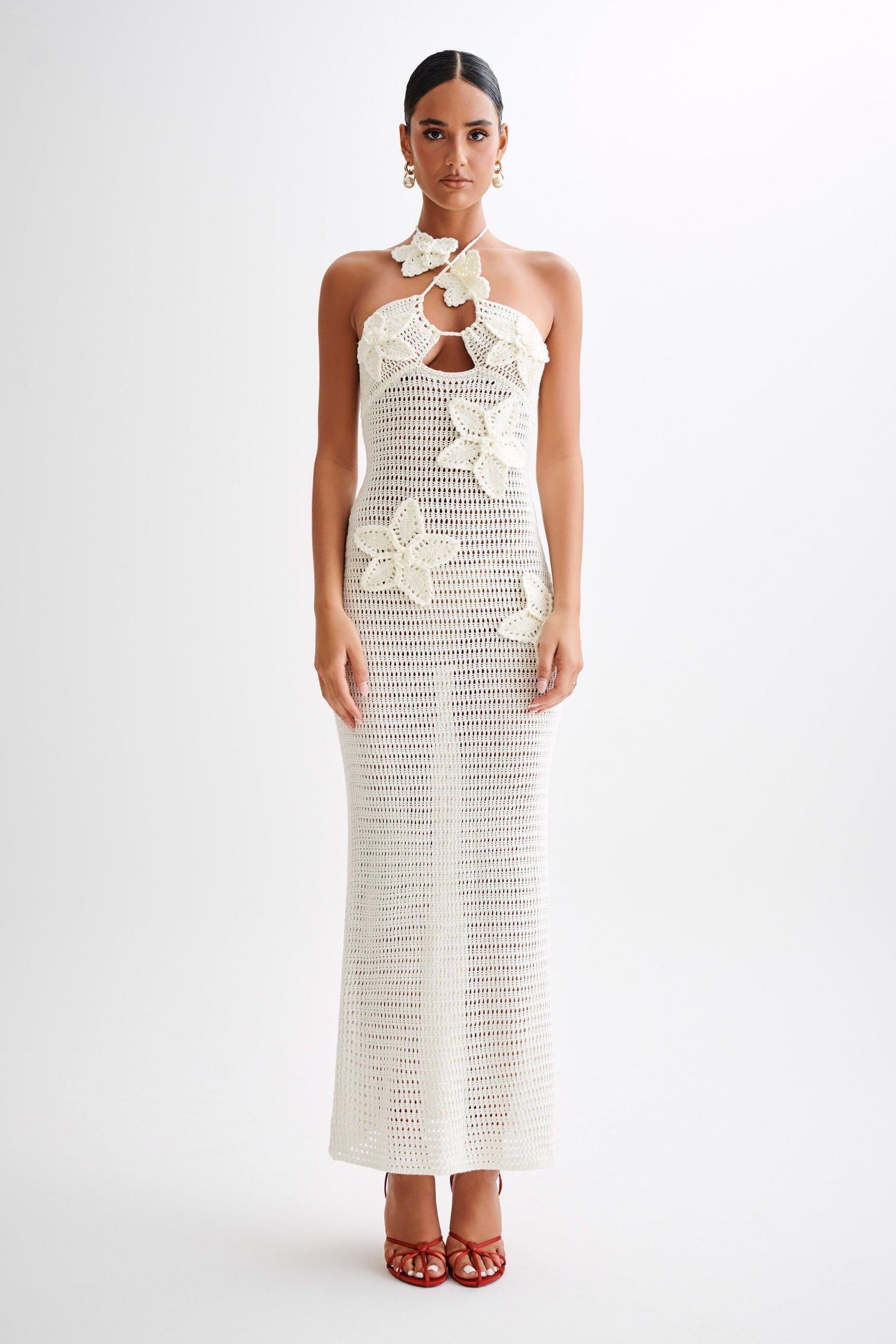 Yasmina Chic Crocheted Maxi Dress with Floral Appliqué Boutique Collection