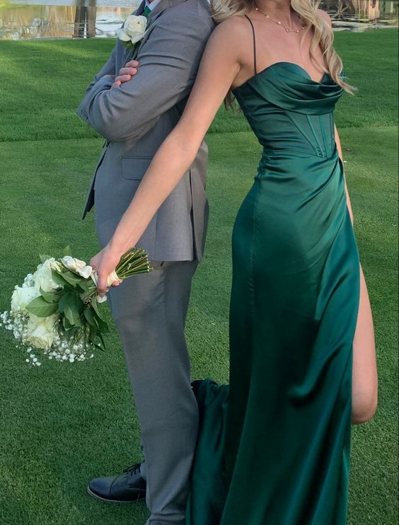 Pretty Mermaid Spaghetti Straps High Slit Prom Dress Dark Green Party Evening Gown - VelvetHem
