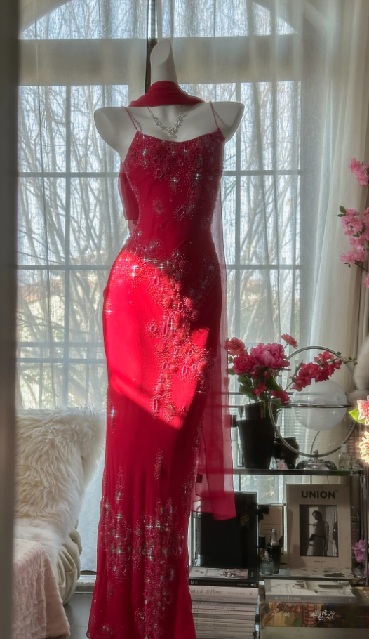 Pretty Red Spaghetti Straps Chiffon Beaded Mermaid Evening Dress Long Birthday Party Dress Prom Gown - View 4 | VelvetHem