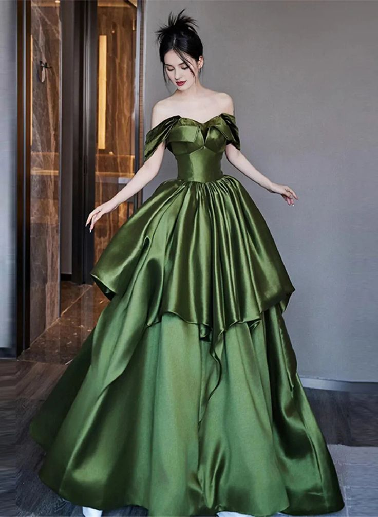 Classy Off The Shoulder Layered Pleated Ball Gown,Green A Line Prom Dress - VelvetHem