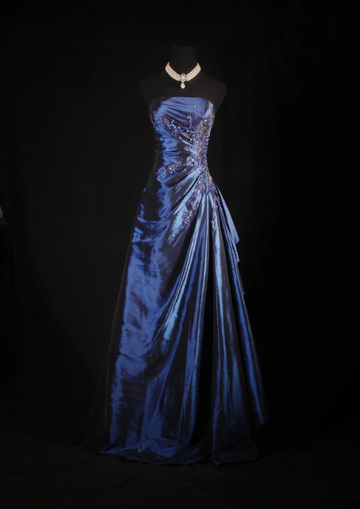 Vintage Ball Gown Strapless Navy Blue Satin Long Prom Dresses Party Dress - View 4 | VelvetHem