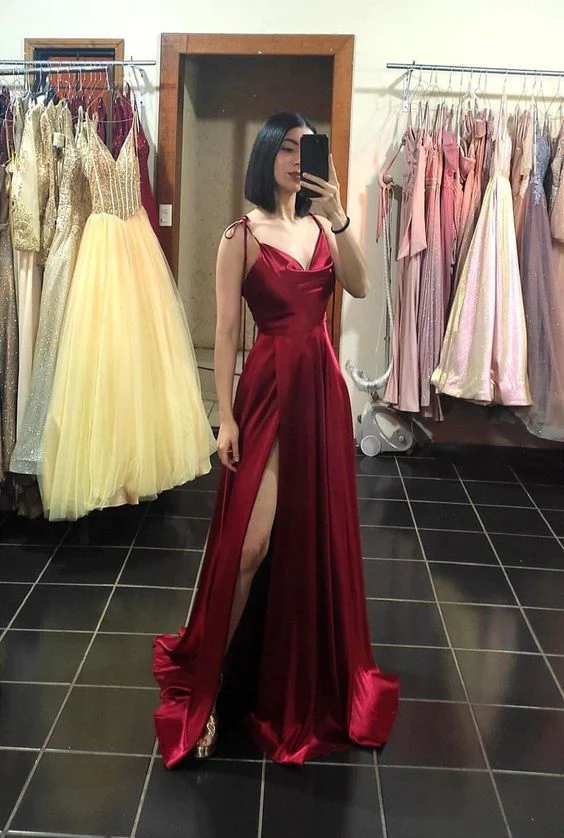 A line Straps Burgundy Satin Slit Long Prom Dress - VelvetHem