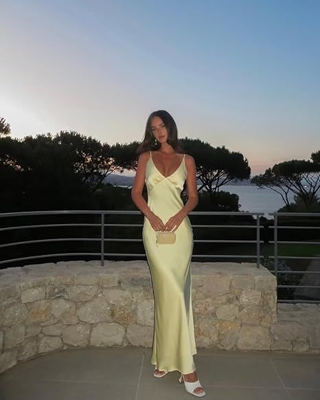 Sexy V Neck Yellow Satin Evening Dress Long Prom Dress Y7882 - VelvetHem
