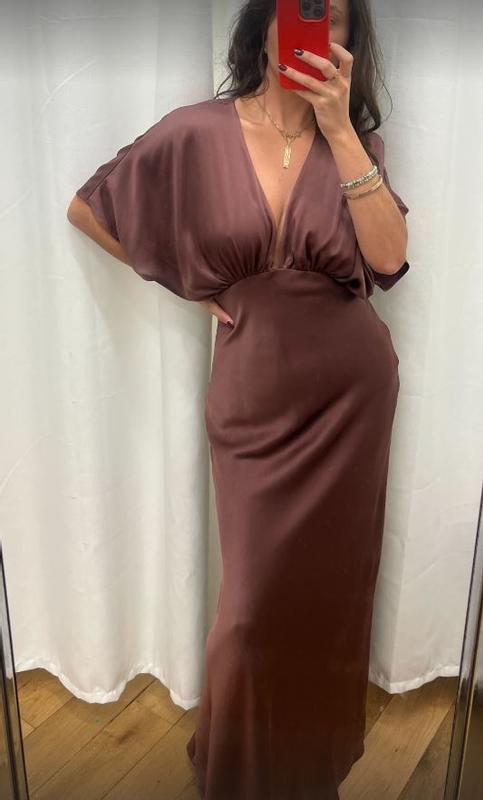 Deep-V Satin Brown Long Prom Dress Evening Dress Y8449 - VelvetHem