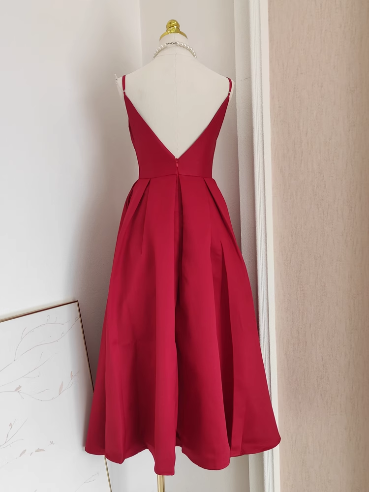 Sexy A line Spaghetti Straps Red Vacation Dress Satin Women Birthday Dresses - View 2 | VelvetHem
