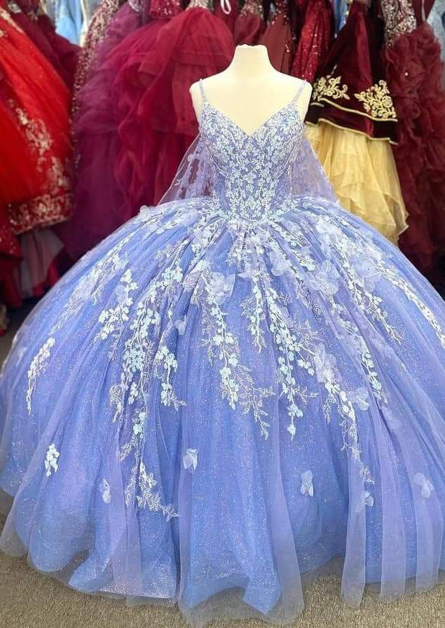 Purple Spaghetti Straps V Neck Ball Gown with Appliques,Sweet 16 Dress,Quinceanera Dress,Y2456 - VelvetHem