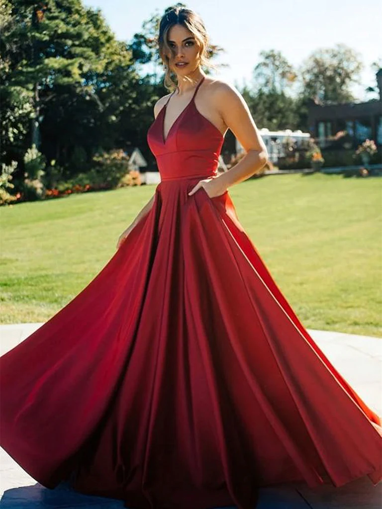 Burgundy V Neck Long Prom Dresses, V Neck Wine Red Long Formal Evening Dresses Y236 - VelvetHem