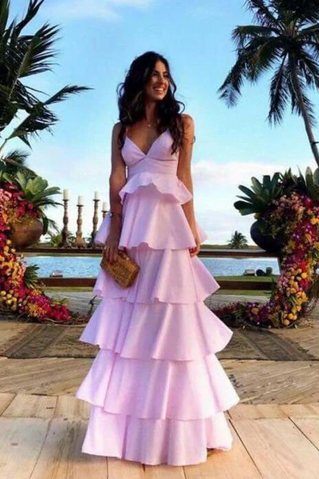 Long Pink V Neck Floor Length Prom Dress - VelvetHem