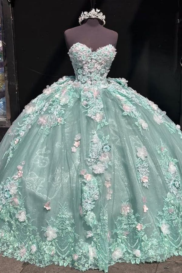 Luxury Light Green Ball Gown Sweetheart Neck Tulle Appliques Birthday Quinceanera Dress - VelvetHem
