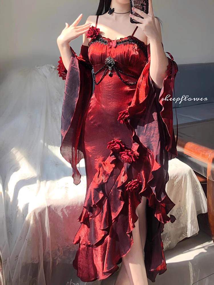Vintage High Low Spaghetti Straps Floor Length Burgundy Flowers Prom Dresses Birthday Dress - VelvetHem