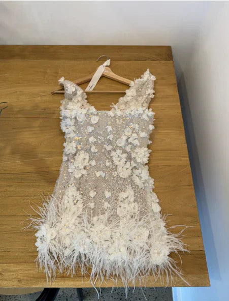 Elegant White Deep V Neck Sequined Floral Feather Fitted Birthday Dress Homecoming Dress - View 7 | VelvetHem