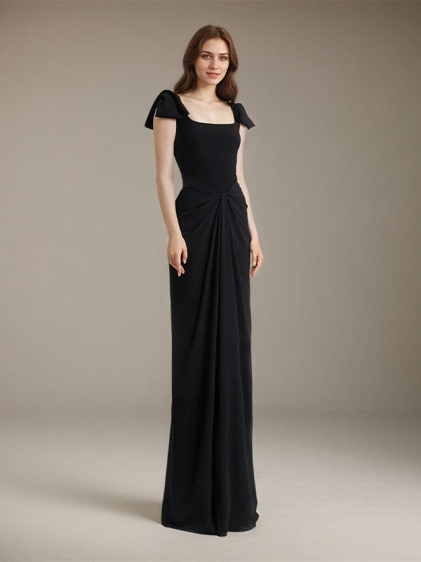 Black Stretch Crepe Square Neck Floor Length Dress with Bow Sleeves - VelvetHem