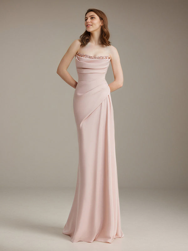 Pink Chiffon Off the Shoulder Floor Length Dress with Rhinestone Details - VelvetHem