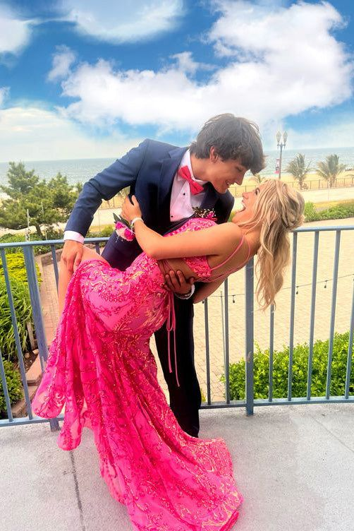 Pink Mermaid V-neck Sequined Long Prom Dress, Evening Dress With Slit - VelvetHem