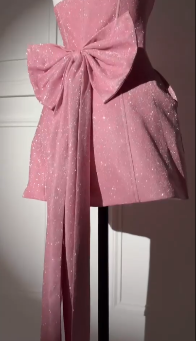 Elegant Strapless Pink Satin Sequin A Line Birthday Outfits Short Graduation Homecoming Dress With Bow - View 3 | VelvetHem
