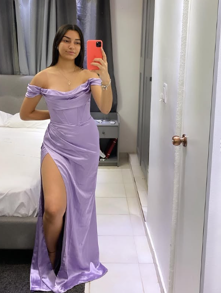 Classy Off The Shoulder Party Dress,Lilac Mermaid Slit Prom Dress Evening Dress - VelvetHem