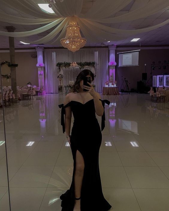Off Shoulder Black Mermaid Long Evening Dress, Side Slit Prom Dress