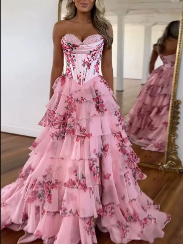 Beautiful Pink Chiffon Satin Print Floral Party Dress Multi-layered A Line Prom Evening Gown - VelvetHem
