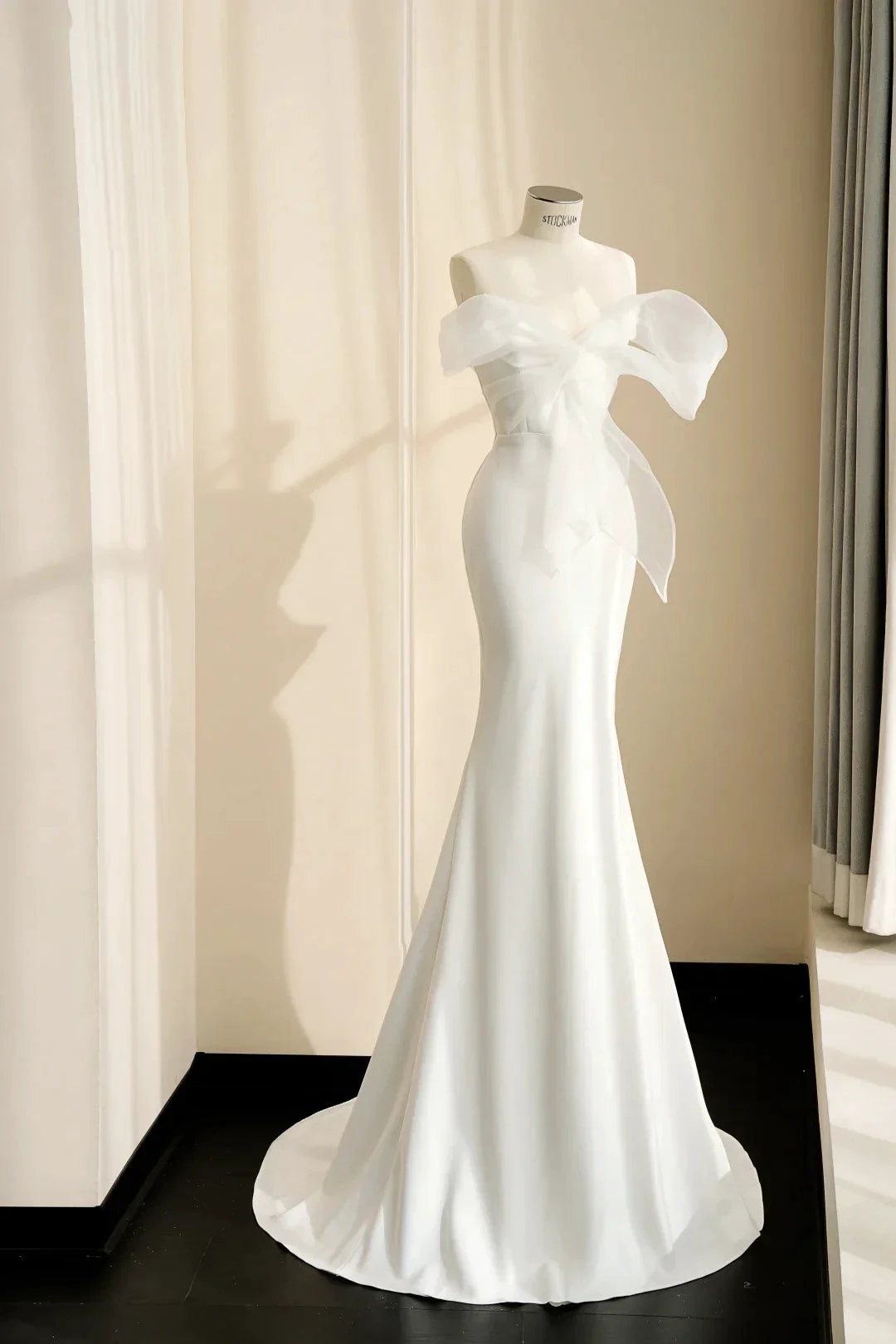 Pretty White Strapless Satin Organza Bow Mermaid Evening Dress,Formal Prom Dress Wedding Dress (ZD13773) - VelvetHem