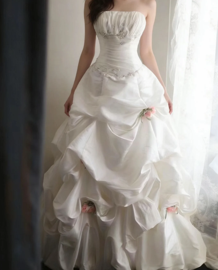 Elegant Strapless Ball Gown White Satin Pleated Floral Long Wedding Dress - View 3 | VelvetHem