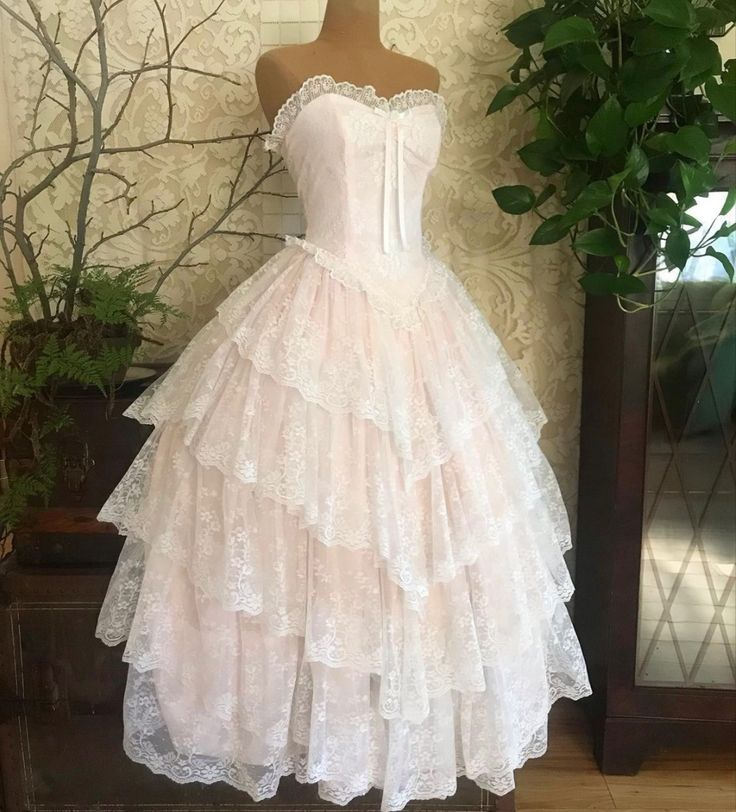 Classy Light Pink Lace Tiered A Line Ball Gown Wedding Dress - VelvetHem