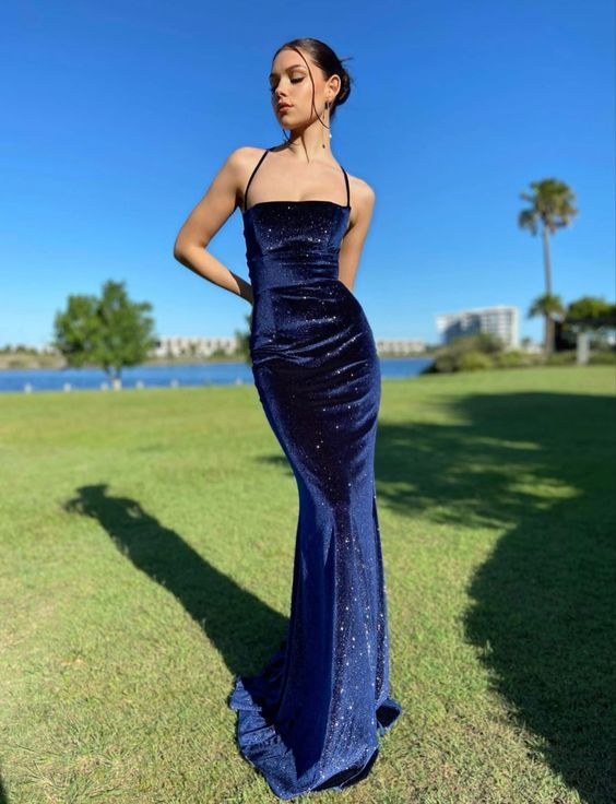 Vintage Spaghetti Straps Navy Blue Velvet Long Mermaid Prom Dress Evening Dress Y7829 - VelvetHem