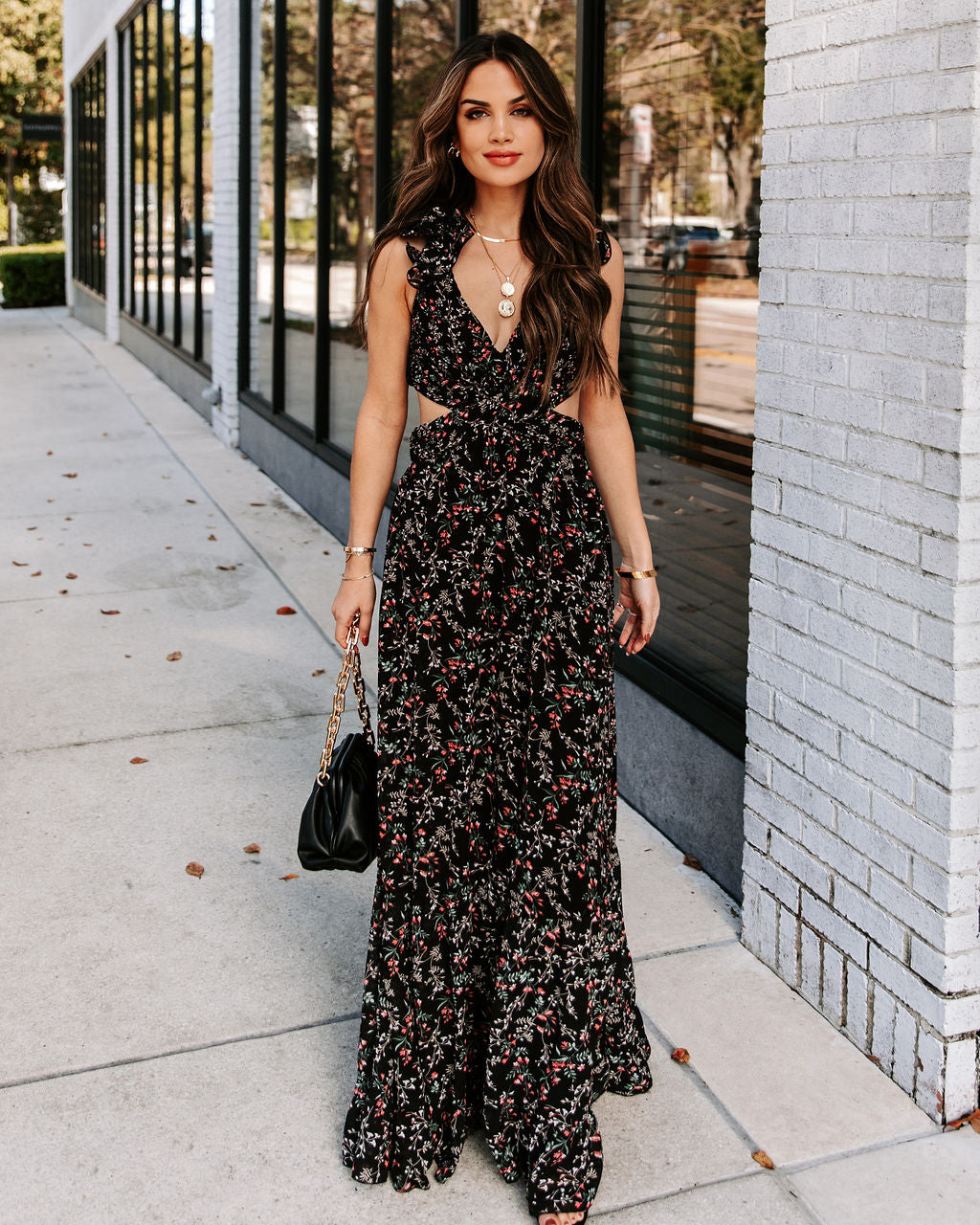 Charlotta Floral Ruffle Cutout Maxi Dress Black FINAL
