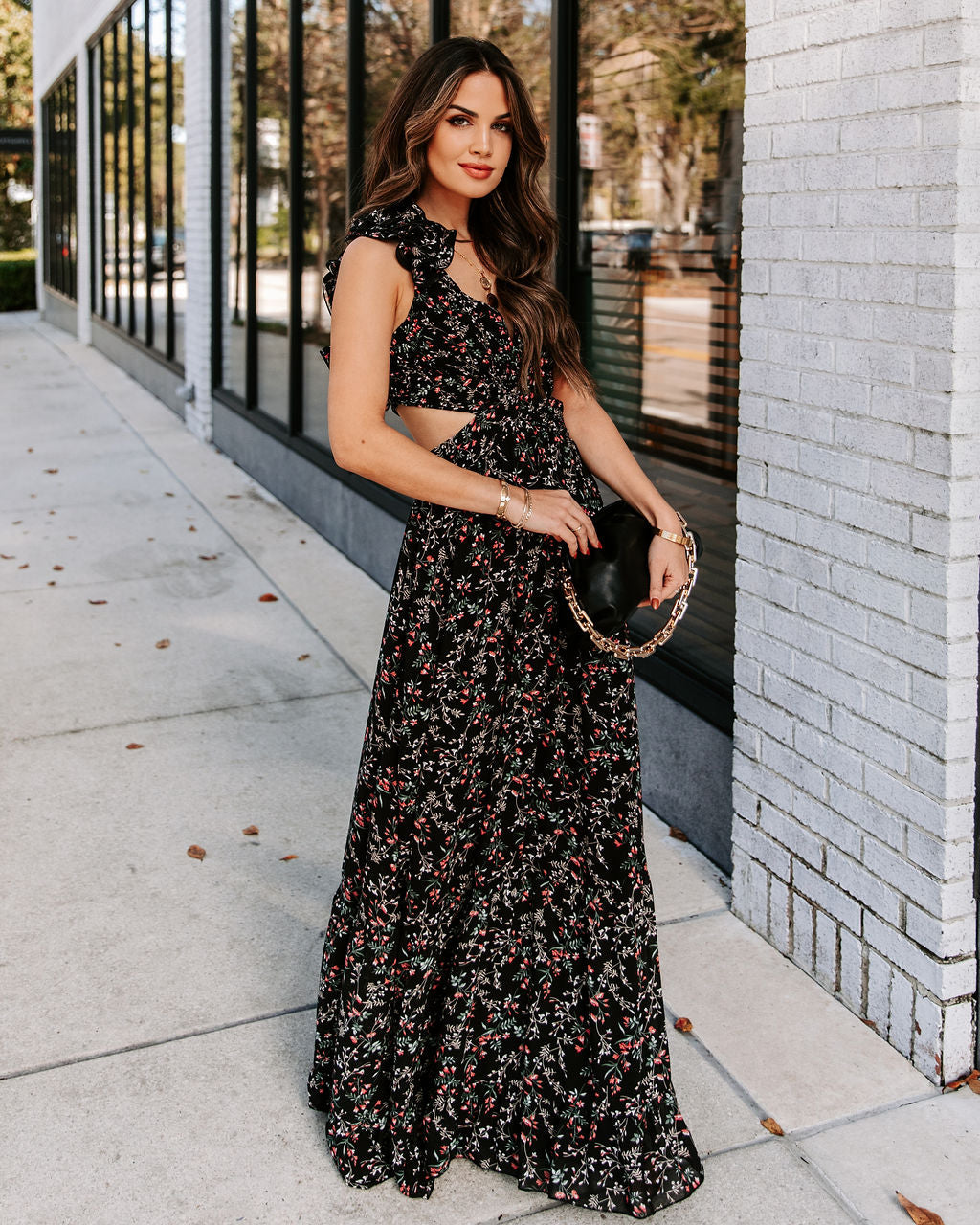 Charlotta Floral Ruffle Cutout Maxi Dress Black FINAL