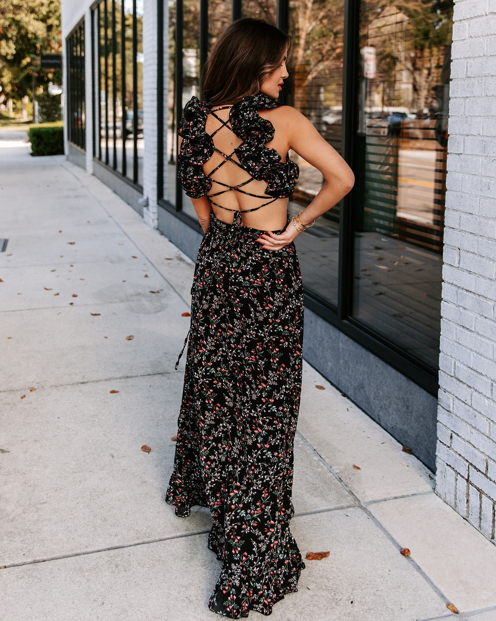 Charlotta Floral Ruffle Cutout Maxi Dress Black FINAL