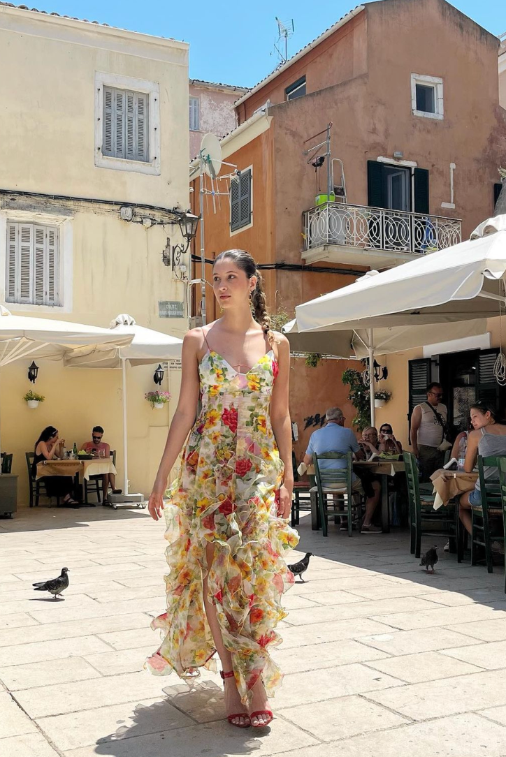 Oceana Chiffon Rose Print Slit Maxi Dress