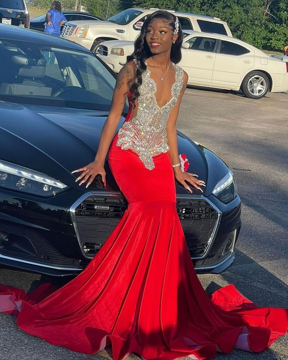 Luxury Sparkly Red Mermaid Prom Dress Birthday Party Dress Evening Gown Robe Y4314 - VelvetHem