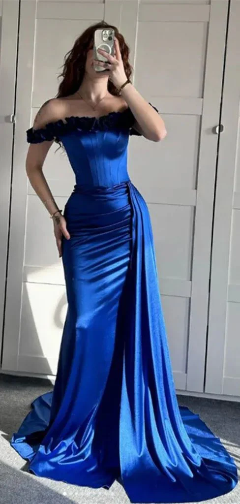 Blue Off The Shoulder Mermaid Evening Dress Formal Prom Dress Y7842 - VelvetHem