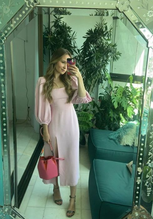 Pink Midi Evening Gown Slit Prom Dress Outfits - VelvetHem
