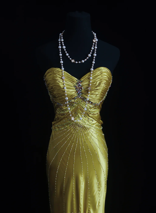 Stylish Strapless Gold Satin Pleated Beaded Mermaid Long Birthday Party Dress Evening Dress - View 2 | VelvetHem
