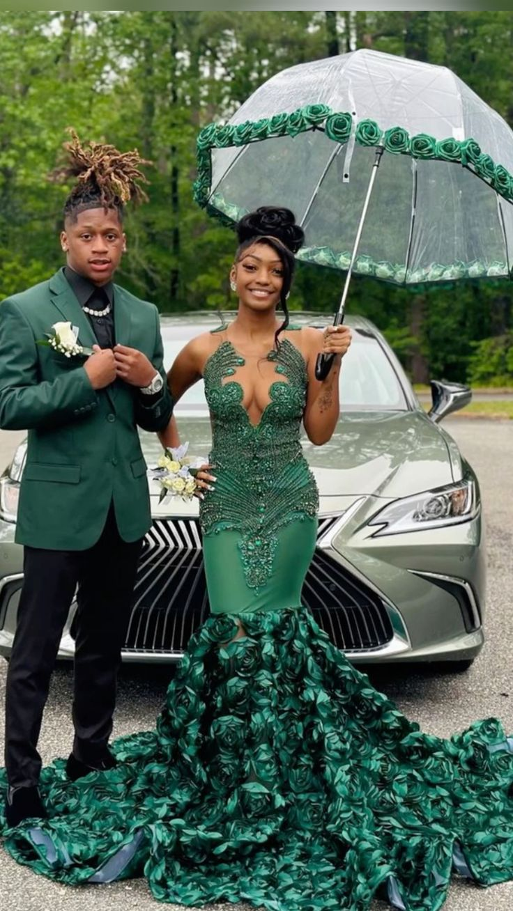 Luxurious Green Mermaid Evening Dress 3D Flowers Pageant Dress Y6356 - VelvetHem