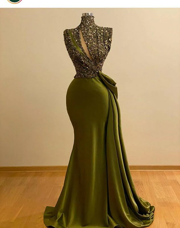 Green Crystal Beaded Vintage Mermaid Prom Dresses High Neck Evening Gown Saudi Arabic Long Formal Party Gown - VelvetHem