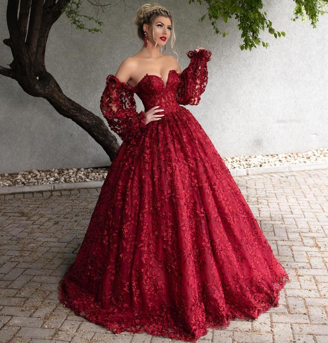 Dark Red Lace Beaded Prom Dresses Off The Shoulder Long Sleeves Formal Dress Floor Length A Line Plus Size Evening Gowns Y766 - VelvetHem