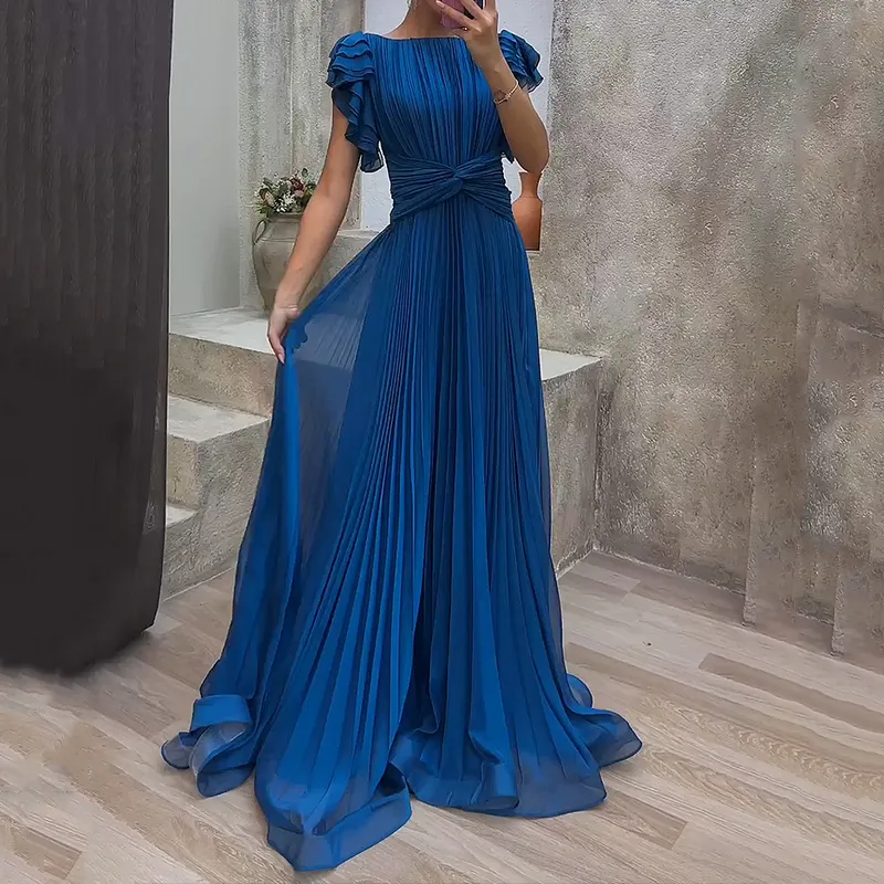 Women's Elegant Simple Maxi Dress, Ruffled Short Sleeve Pleated Slim Dress,Summer Prom Dress - VelvetHem