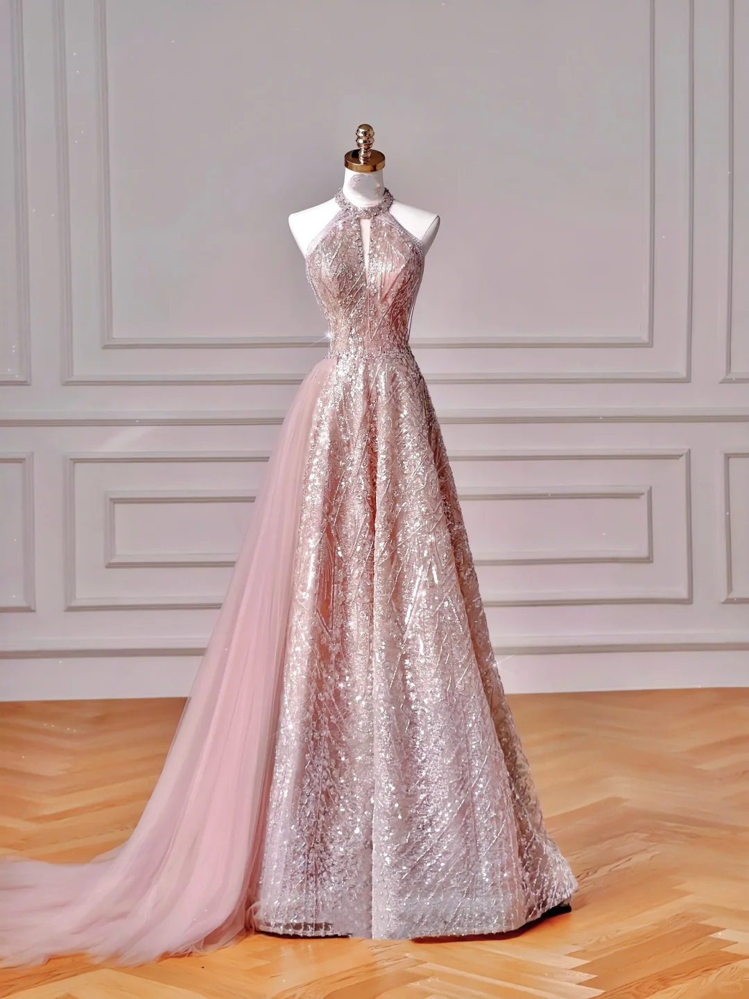 Sparkly Pink Halter Sequins Tulle A Line Prom Dress Evening Dress Y8608 - VelvetHem