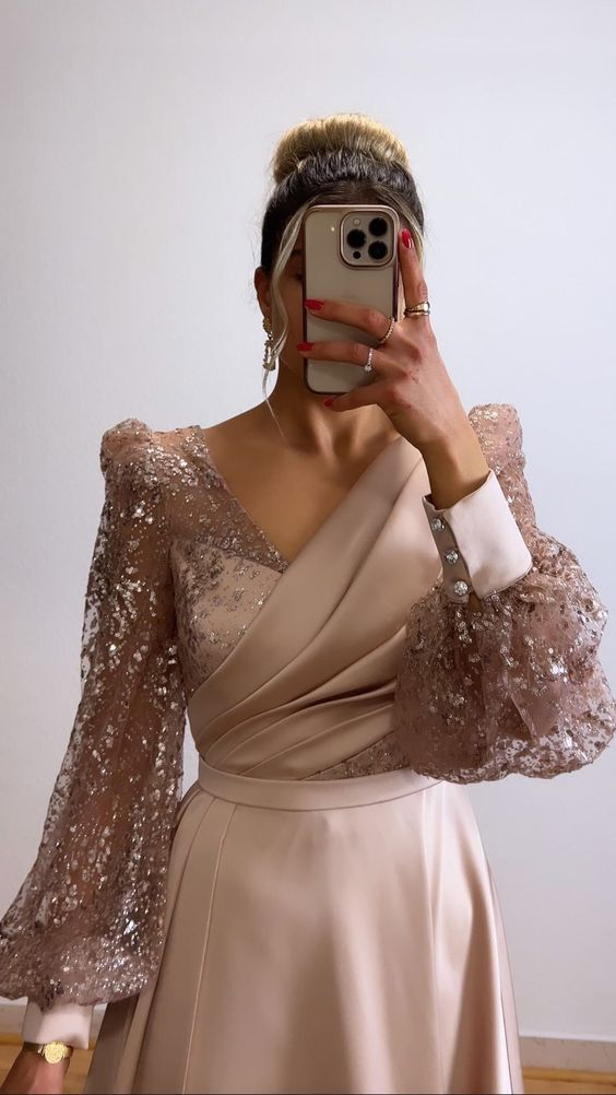 Champagne Evening Dress For Wedding Party V-Neck Satin Glitter Prom Dress Long Puffy Sleeves - VelvetHem
