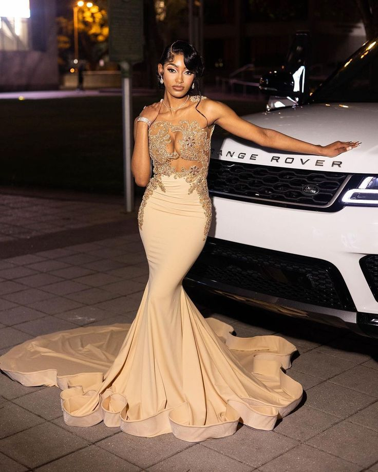 Beautiful Long Champagne Mermaid Sleeveless Beading Evening Dress With Lace - VelvetHem
