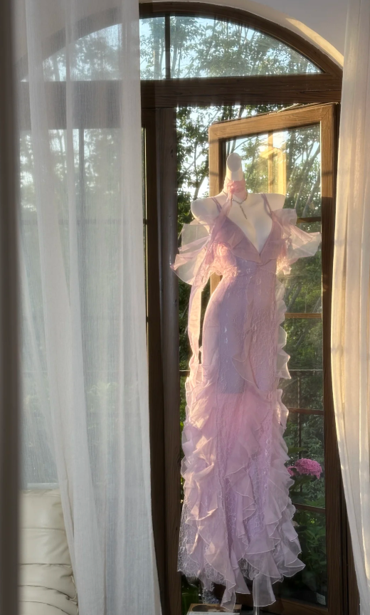 Classy Pink Spaghetti Straps V Neck Lace Chiffon Ruffle Mermaid Evening Dress Long Party Dress with Ribbon - View 5 | VelvetHem