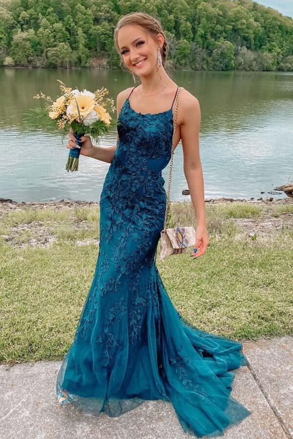 Tulle Lace Mermaid Spaghetti Straps Prom Dresses, Long Formal Dress,event dresses elegant - VelvetHem