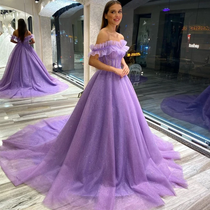 Off The Shoulder Tulle Bridal Gown A-Line Princess Prom Wedding Evening Dress - VelvetHem