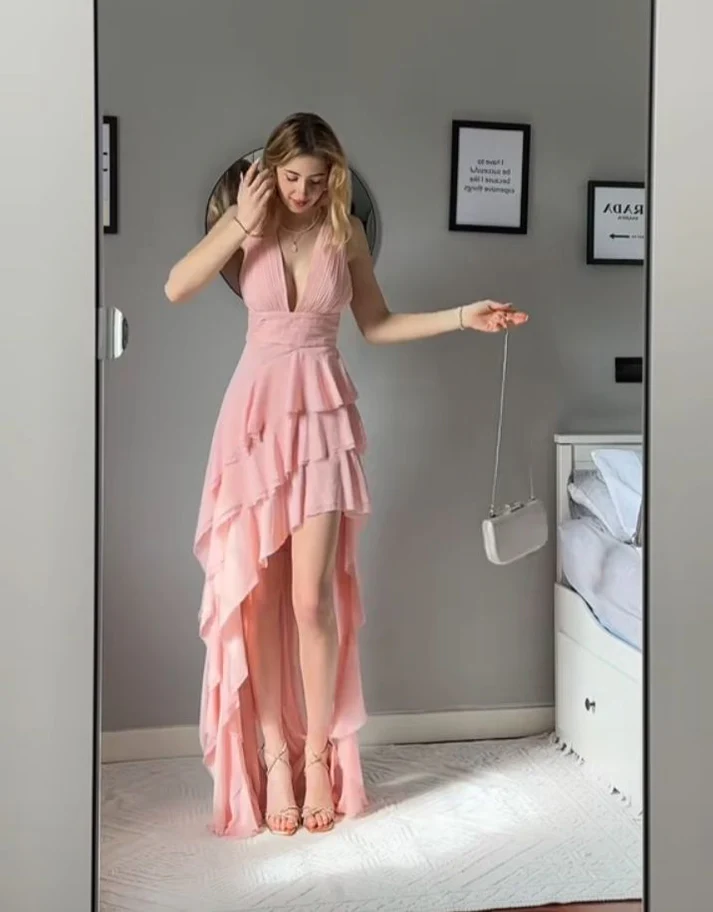 Pink Deep V Chiffon Ruffle Tiered Prom Dress Formal Party Evening Dress - VelvetHem