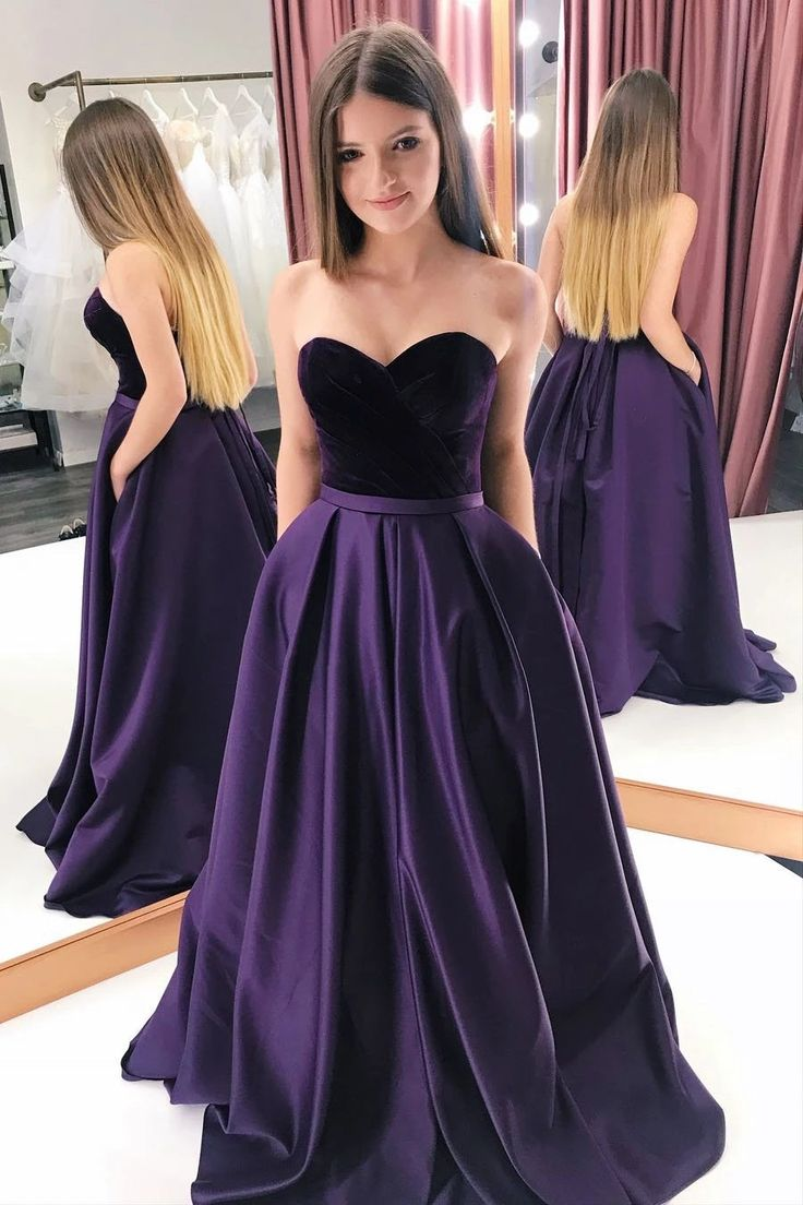 A-Line Purple Velvet Satin Sweetheart Long Prom Dresses With Pockets - VelvetHem