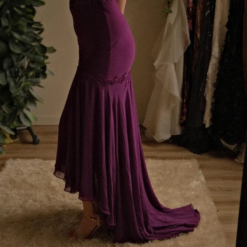 Newest Plum Purple Spaghetti Straps Prom Dress Spaghetti Straps Chiffon Appliques Party Evening Gown